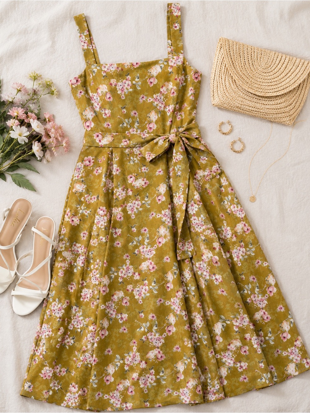 Lulus Sunny Posture Chartreuse Floral Sleeveless Midi Dress